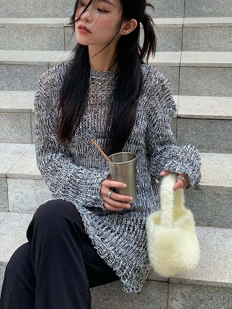 Y2k Aesthetic Pullover Harajuku Gothic Knitted See Through Sweater Grunge Autumn Jumper Japanese Fashion Knitwear Tops