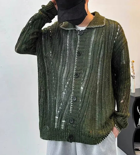 Korean Style Men's Cardigan Turn-down Collar Holow Out Contrast Color Single Breasted Knitting Loose Male Sweaters 9C9274