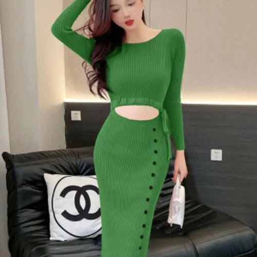 Load image into Gallery viewer, French Women Solid Elegant Festival Hollow Out Knit Dress Autumn Long Sleeve Slim Fashion Drawstring Lace-up Wrap Hip Dress Chic
