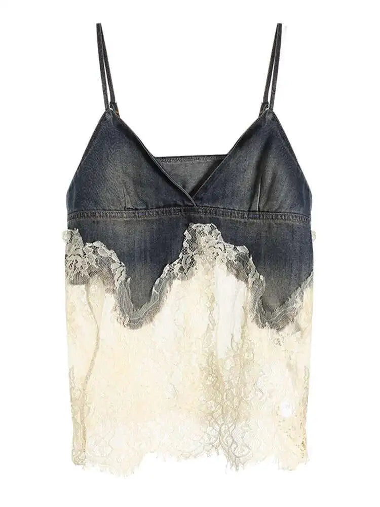 Denim Lace Elegant Tank Top Wide Leg Shorts Two Piece Suit New V-Neck Women Fashion Tide Spring Summer 2025 7AB4274