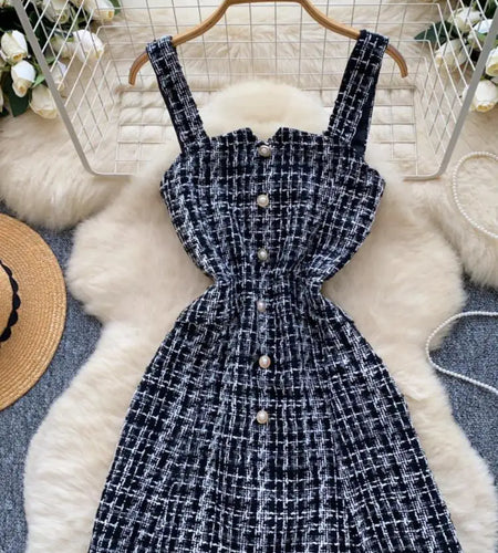 Retro 2024 Autumn Winter New Pink Plaid Woolen Sleeveless Mini Slip Dress Women's Black Button Elegant Short Tweed Dress Popular