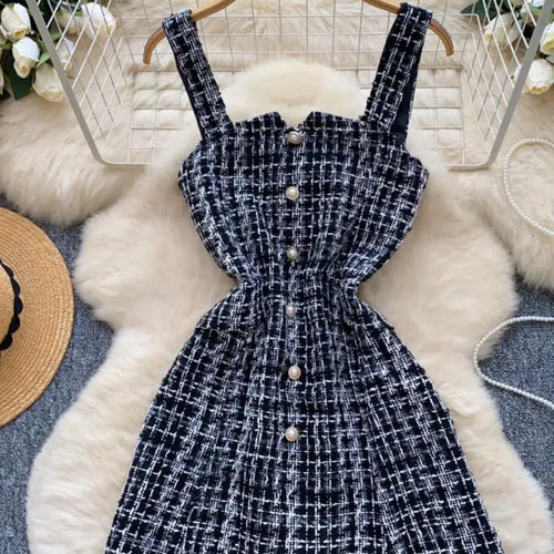 Load image into Gallery viewer, Retro 2024 Autumn Winter New Pink Plaid Woolen Sleeveless Mini Slip Dress Women's Black Button Elegant Short Tweed Dress Popular
