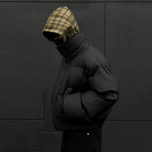 Load image into Gallery viewer, Korean Style Men&#39;s Padded Jackets Hooded Plaid Woolen Patchwork Contrast Color Detachable Hat Casual Male Coats New 9C9088
