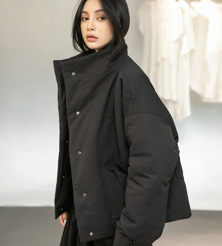 Black Warm Short Stand Collar Cotton-padded Coat Long Sleeve Loose Fit Women Parkas Fashion New Autumn Winter 2025 1DD1637