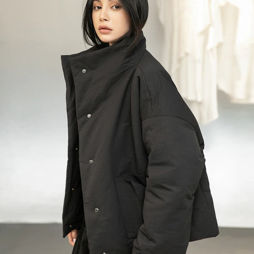 Load image into Gallery viewer, Black Warm Short Stand Collar Cotton-padded Coat Long Sleeve Loose Fit Women Parkas Fashion New Autumn Winter 2025 1DD1637
