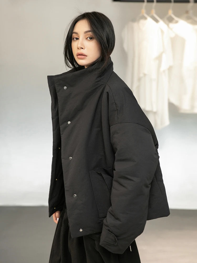 Black Warm Short Stand Collar Cotton-padded Coat Long Sleeve Loose Fit Women Parkas Fashion New Autumn Winter 2025 1DD1637
