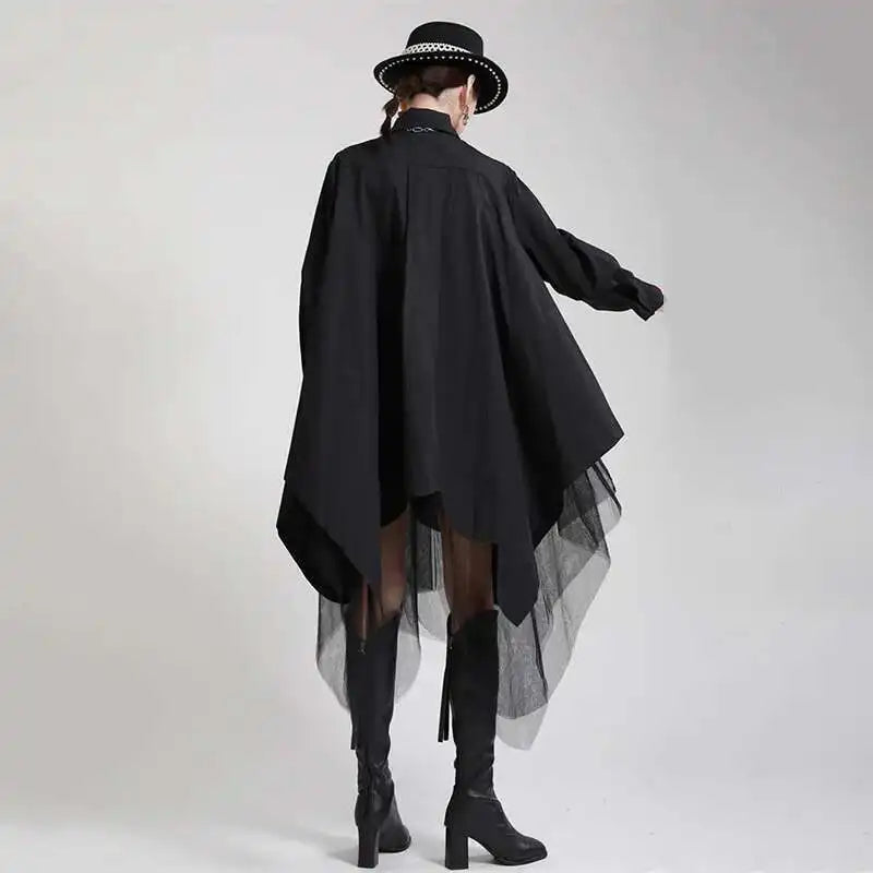 Women Black Irregular Hem Big Size Shirt Dress New Lapel Long Sleeve Loose Fit Fashion Tide Spring Autumn 2025 1DE2485