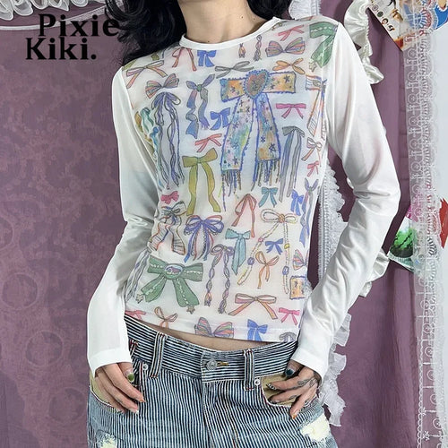 Load image into Gallery viewer, Bow Graffiti Print Graphic T Shirts Y2k White Tees Long Sleeve Top Fall Clothes 2024 Women P85-AH18
