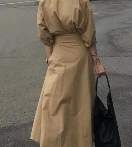 Women Casual Long Shirts Dresses 2025 Summer Spring Clothes Khaki Puff Sleeves Botton Simple Maxi Dresses for Women