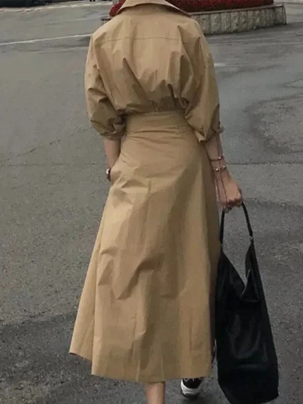 Women Casual Long Shirts Dresses 2025 Summer Spring Clothes Khaki Puff Sleeves Botton Simple Maxi Dresses for Women