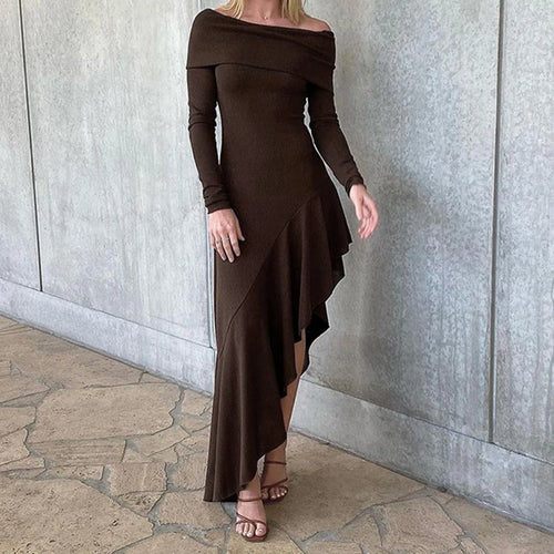 Load image into Gallery viewer, Asymmetrical Elegant Brown Midi Dress Female Ruffles Slash Neck Bodycon Autumn Dress Fashion Party Solid Long Sleeve
