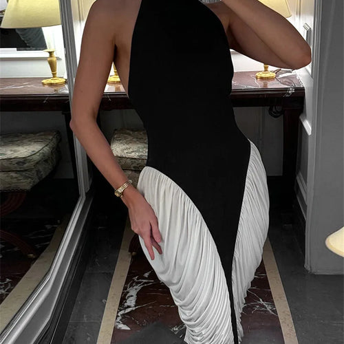 Load image into Gallery viewer, Patchwork Halter Backless Sexy Midi Dress Women Gown Elegant Fashion Contrast Color Sleeveless Pleated Long Dress
