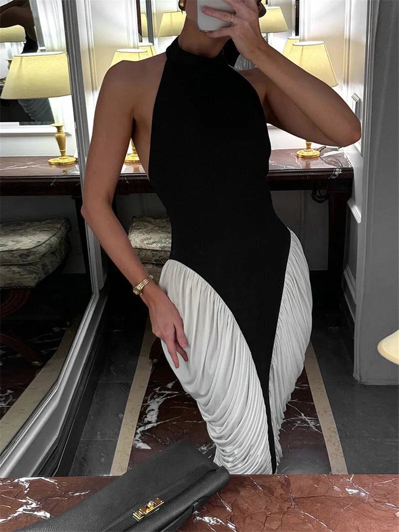 Patchwork Halter Backless Sexy Midi Dress Women Gown Elegant Fashion Contrast Color Sleeveless Pleated Long Dress