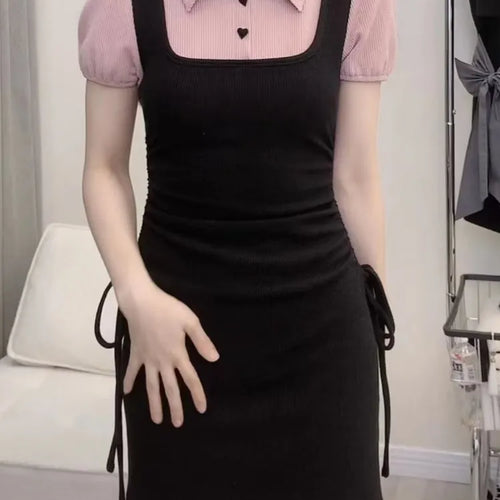 Load image into Gallery viewer, Korean Style School Mini Dress Women Kpop Y2k Polo Puff Sleeve Black Wrap Bodycon Short Dresses Fashion
