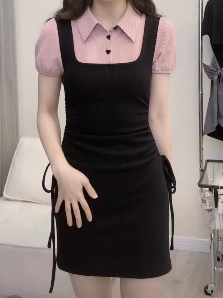 Korean Style School Mini Dress Women Kpop Y2k Polo Puff Sleeve Black Wrap Bodycon Short Dresses Fashion