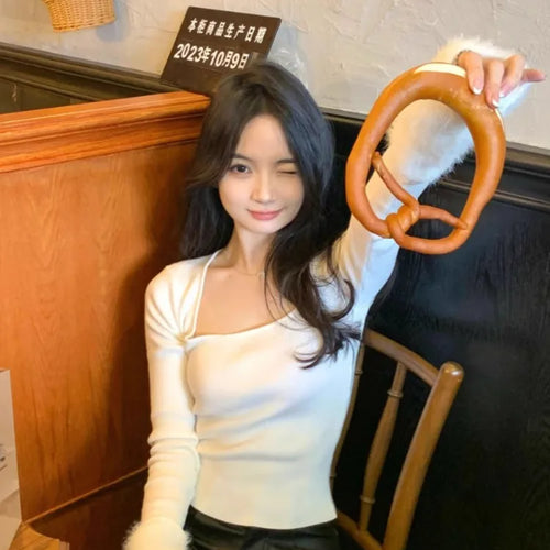 Load image into Gallery viewer, Harajuku Knitted Patchwork Fur Sweet Crop T-Shirts Women Slim Fit Y2k Aesthetic Tees Autumn Vintage Grunge Bottoming Tshirts
