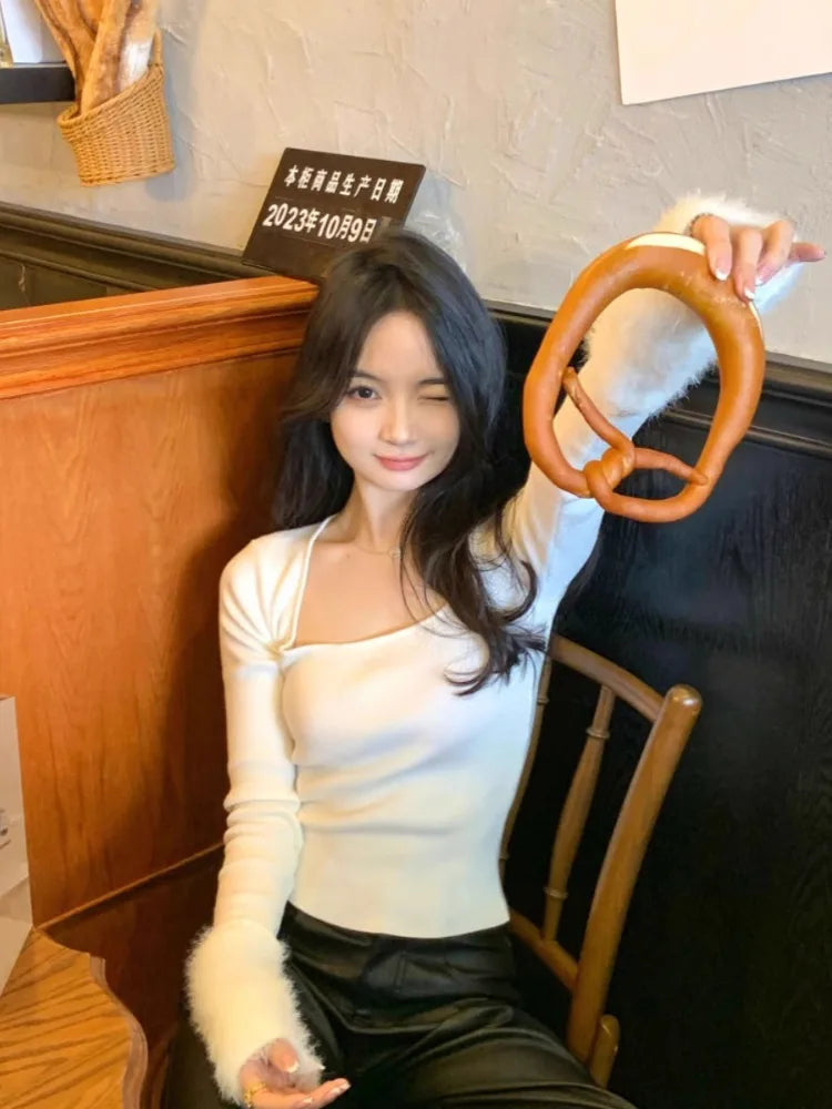 Harajuku Knitted Patchwork Fur Sweet Crop T-Shirts Women Slim Fit Y2k Aesthetic Tees Autumn Vintage Grunge Bottoming Tshirts