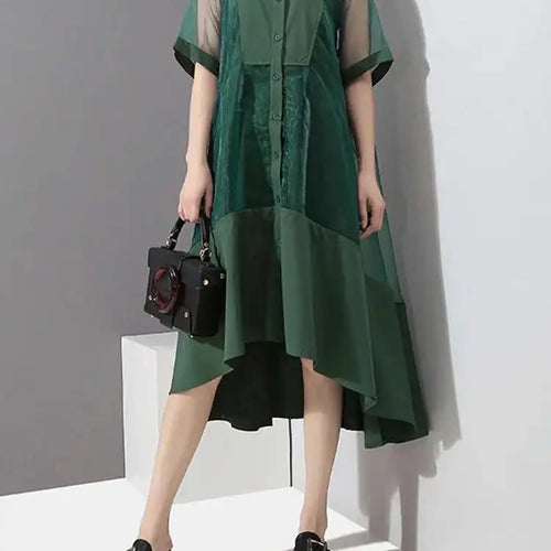 Load image into Gallery viewer, Women Green Organza Irregular Shirt Dress New Stand Collar Half Sleeve Loose Fit Fashion Tide Spring Summer 2025 JT581
