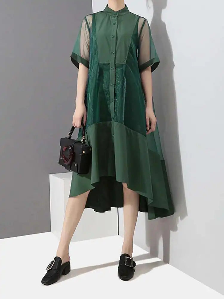 Women Green Organza Irregular Shirt Dress New Stand Collar Half Sleeve Loose Fit Fashion Tide Spring Summer 2025 JT581