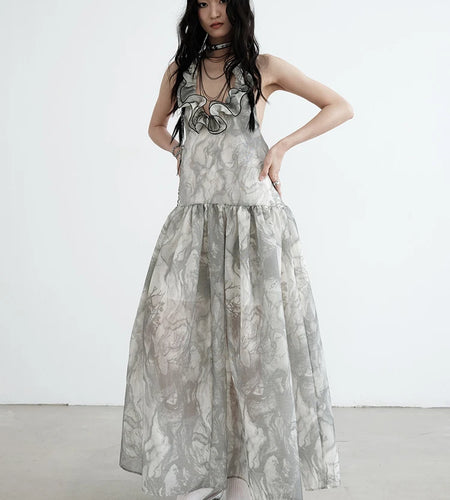 Women Gray Ruffled Backless Elegant Long Strapless Dress New Halter Sleeveless Fashion Tide Spring Autumn 2025 1DJ0014