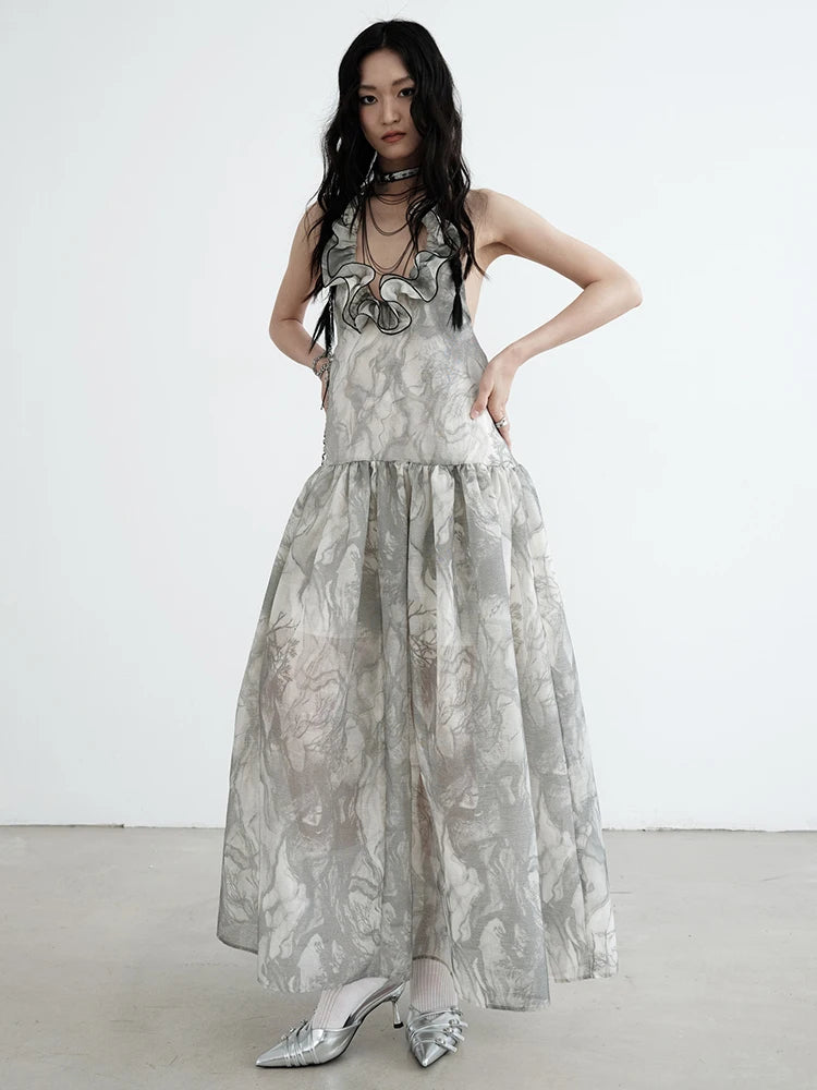 Women Gray Ruffled Backless Elegant Long Strapless Dress New Halter Sleeveless Fashion Tide Spring Autumn 2025 1DJ0014