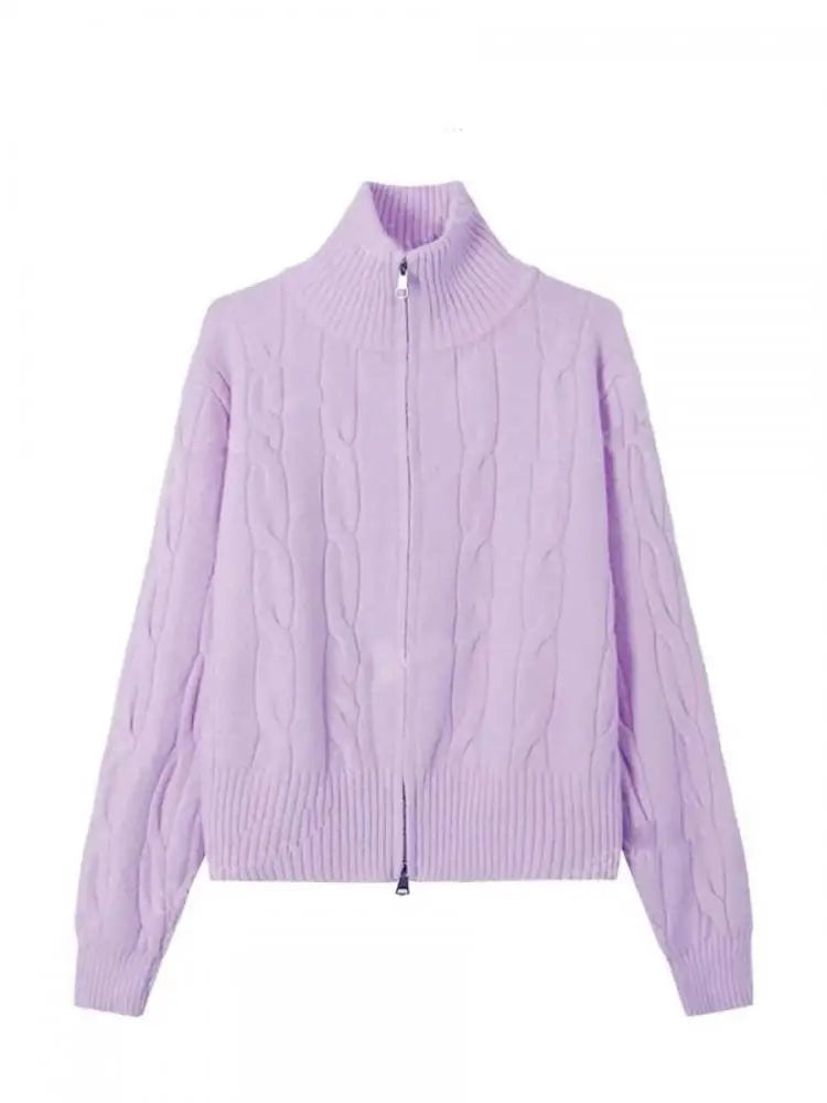 Vintage Elegant Women's Solid Knitted Cardigan Twists Sweater Autumn And Winter Long Sleeved Double Zipper Short Crochet Tops