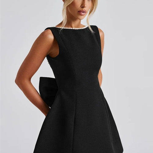 Load image into Gallery viewer, Pearl Bow Backless Sexy Mini Dress For Women Robe Fashion Zipper Sleeveless High Waist A-line Club Party Dress Elegant
