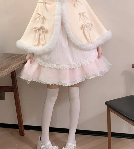Kawaii Fur Patchwork Loose Sweet Hooded Cloak Coats Japanese Lolita Bandage Cete Jackets Y2k Aesthetic Grunge Bow Women Tops