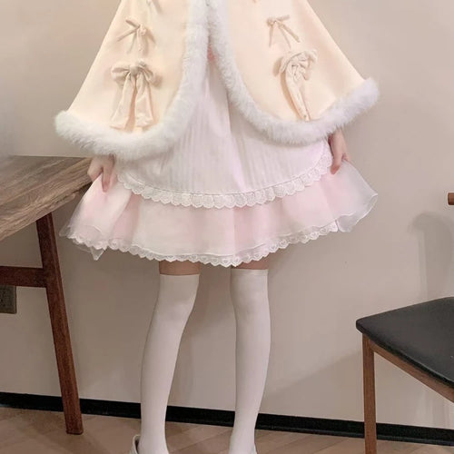 Load image into Gallery viewer, Kawaii Fur Patchwork Loose Sweet Hooded Cloak Coats Japanese Lolita Bandage Cete Jackets Y2k Aesthetic Grunge Bow Women Tops
