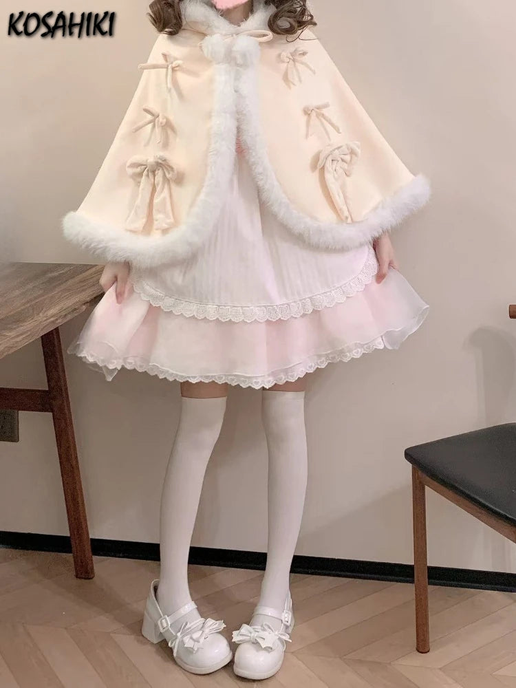 Kawaii Fur Patchwork Loose Sweet Hooded Cloak Coats Japanese Lolita Bandage Cete Jackets Y2k Aesthetic Grunge Bow Women Tops
