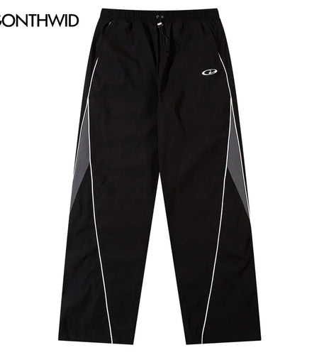 Men Vintage Black Sports Pants Y2K Vintage Patchwork Joggers Baggy Pants Hip Hop Casual Drawstring Waist Quick Drying Trousers