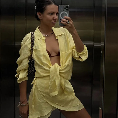 Load image into Gallery viewer, Summer Beach Two Piece Sets Women Long Sleeve Shirt And Mini Skirt Female See Through Loose 2 Piece Set Beachwear
