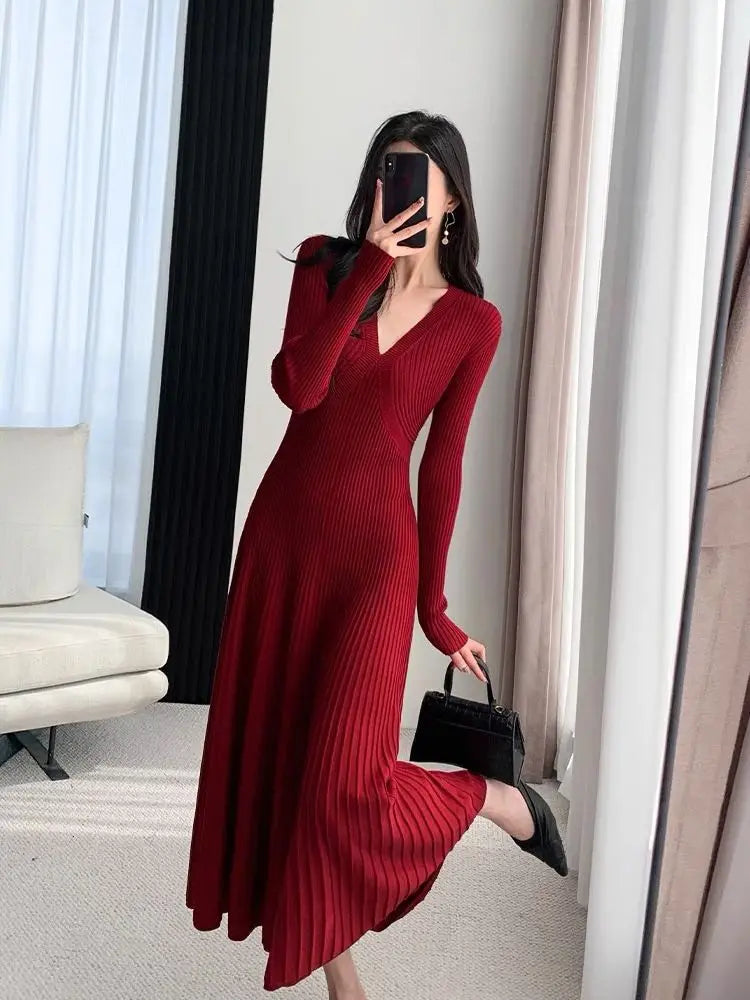 Black Sweet Sweater Midi Dress For Woman 2023 Casual Autumn Winter Knitted Korean V-neck Long Sleeve Elegance Red Dress Fashion