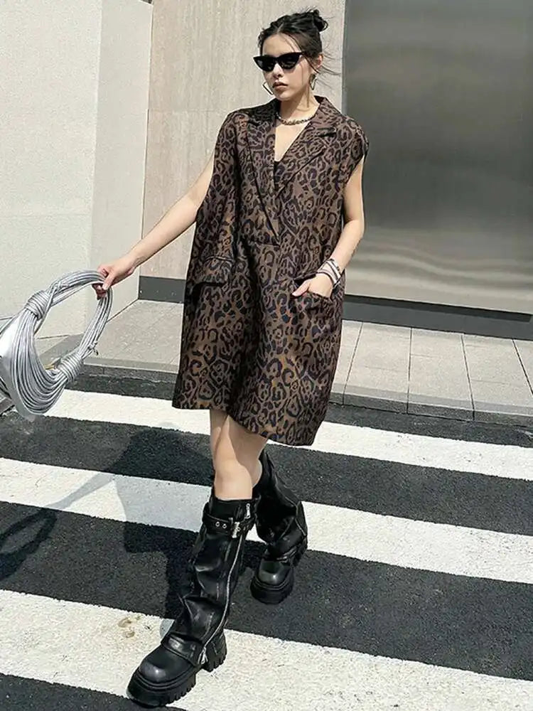 Women Leopard Print Big Size Casual Vintage Mini Vest Dress New Lapel Sleeveless Fashion Tide Spring Autumn 2025 1DH5205