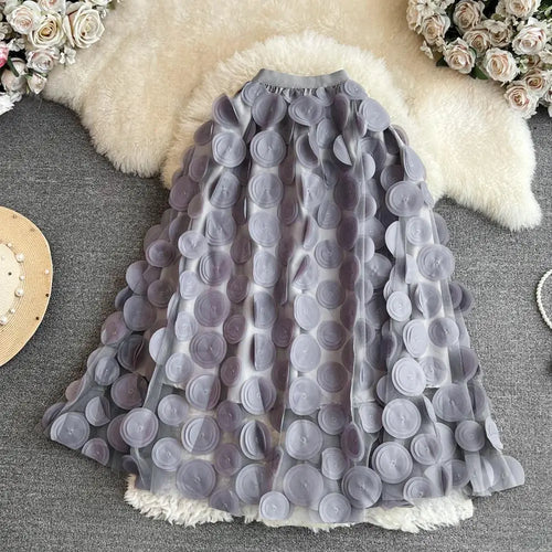 Load image into Gallery viewer, Solid 3d Flower Mesh Splicing Round Polka Dots Casual Skirt Spring Autumn Women Elastic High Waist Midi Skirt Kroean Style Trend
