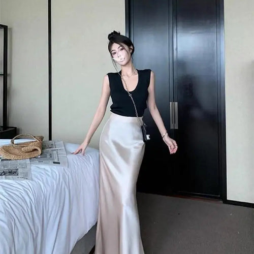 Load image into Gallery viewer, Spring Summer Women Black Beige Elegant Long Skirt Korean Version Pink High Waist Temperament Vacation Half Skirt Versatile Chic

