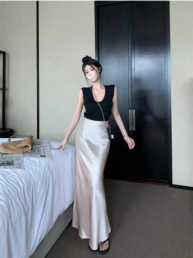 Spring Summer Women Black Beige Elegant Long Skirt Korean Version Pink High Waist Temperament Vacation Half Skirt Versatile Chic