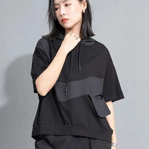 Load image into Gallery viewer, Women Yellow Pocket Color-block Big Size Casual T-shirt New Hooded Short Sleeve Fashion Tide Spring Summer 2025 1DH9834
