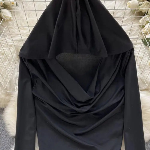 Load image into Gallery viewer, Black Casual Street Style Slim Long Sleeved Ruched Hooded T-shirt Women's Simple Basic Pullover Cropped Tops Fashion Popular New
