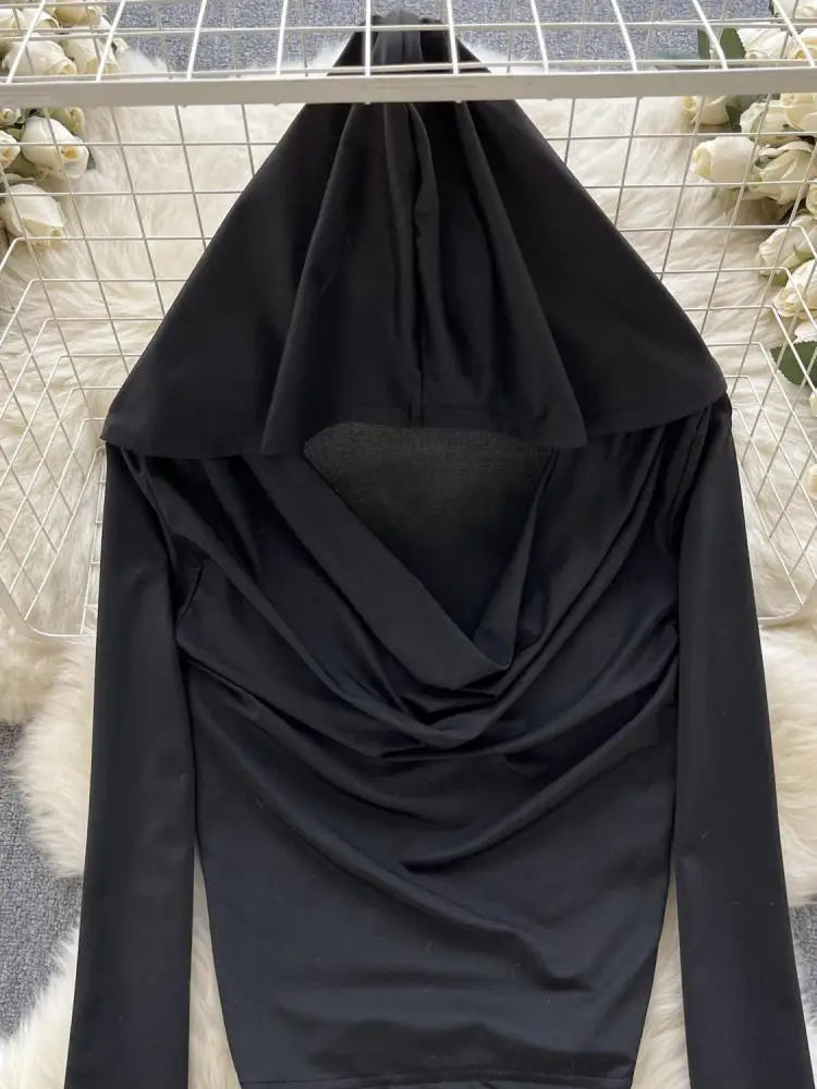 Black Casual Street Style Slim Long Sleeved Ruched Hooded T-shirt Women's Simple Basic Pullover Cropped Tops Fashion Popular New