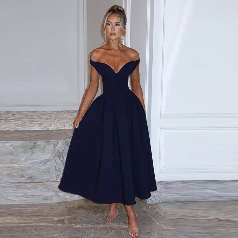 Off-shoulder Backless Pleated Maxi Dress Women Fashion Strapless Sleeveless High Waist A-line Club Long Dress Elegant