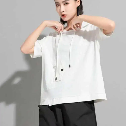 Load image into Gallery viewer, Women Black Color-block Big Size Drawstring T-shirt Hooded New Half Sleeve Loose Fit Fashion Spring Autumn 2025 1DF5304
