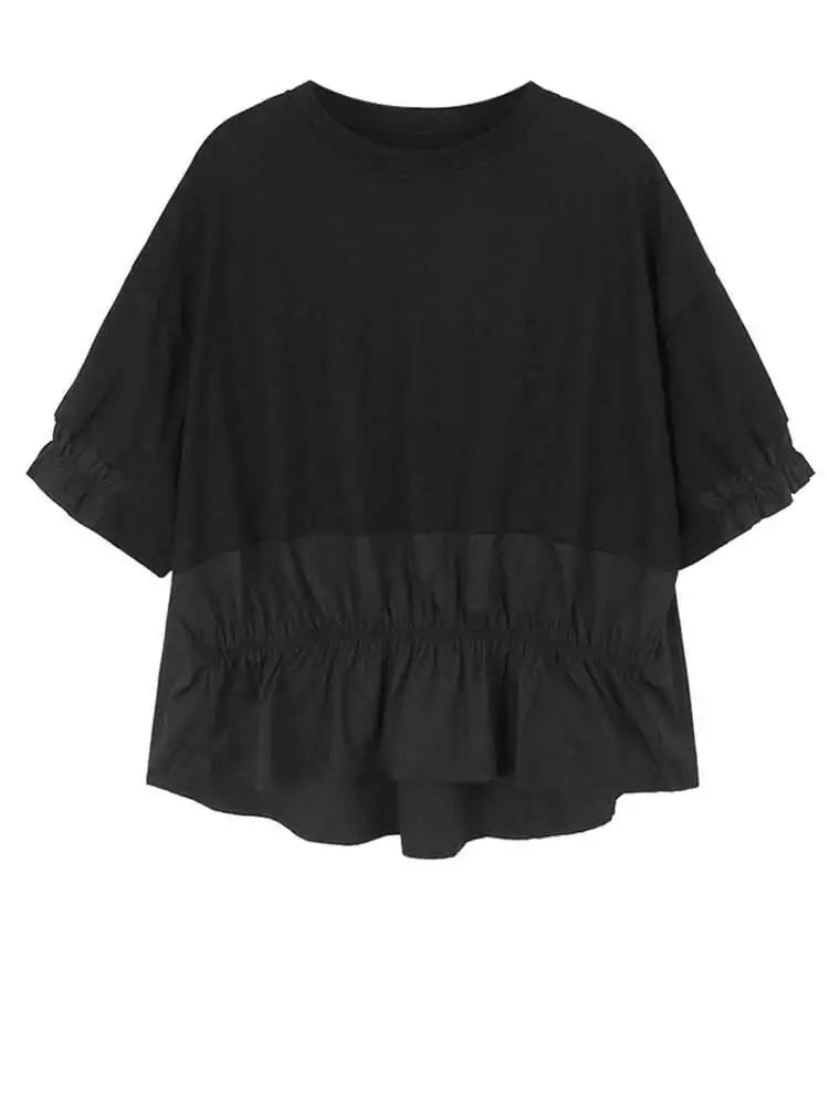 Women Green Ruffles Irregular Big Size Casual T-shirt New Round Neck Short Sleeve Fashion Tide Spring Summer 2025 1DJ0078