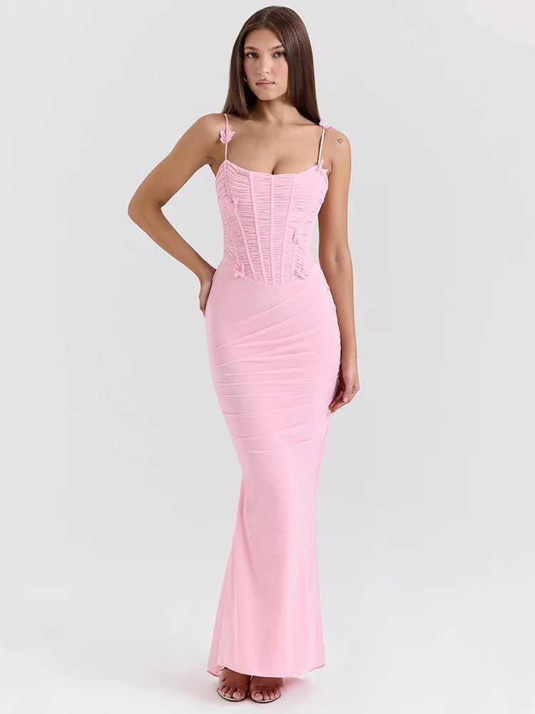 Bow Spaghetti Strap Sexy Maxi Dress For Women Gown Elegant Off-shoulder Sleeveless Backless Evening Club Party Dress
