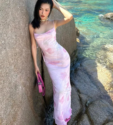 Elegant Print Slips Backless Mesh Lace Up Sexy Bodycon Maxi Prom Dress Summer Women Clothes Party Beach Festival