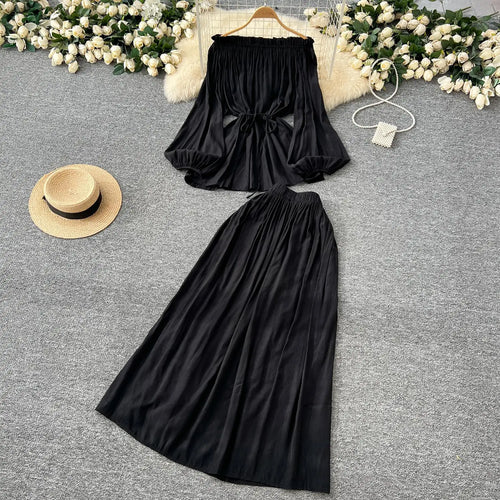 Load image into Gallery viewer, French Retro 2025 Women Solid Off Shoulder Elegant Lace-up Pleated Tops+ High Waist Party Long Skirt Spring Autumn Two Piece Set
