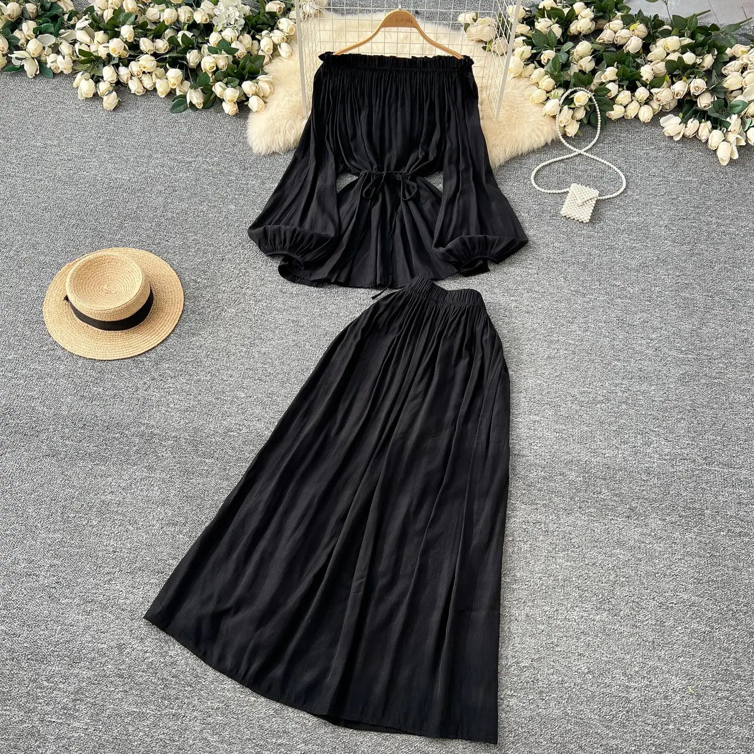 French Retro 2025 Women Solid Off Shoulder Elegant Lace-up Pleated Tops+ High Waist Party Long Skirt Spring Autumn Two Piece Set