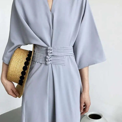 Load image into Gallery viewer, Women Black Buckle Long Elegant Dress New Round Neck Three-quarter Sleeve Loose Fit Fashion Spring Autumn 2025 1DE7880
