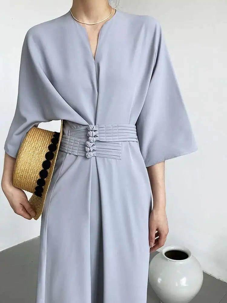 Women Black Buckle Long Elegant Dress New Round Neck Three-quarter Sleeve Loose Fit Fashion Spring Autumn 2025 1DE7880