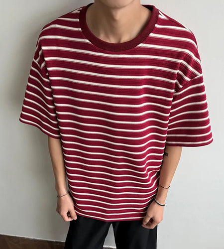 Striped Men's T-shirts New Summer Short Sleeve Loosse Round Neck Fashion Pullover Trendy Men's Top Contrast Color 9W1562